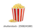 Popcorn box. Red and white striped buckets of salted popcorn isolated on white background. Cinema and entertainment concept. Movie night with popcorn. Delicious appetizer, snack.