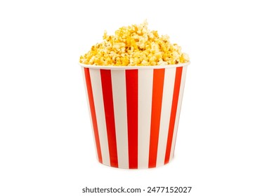 Popcorn box. Red and white striped buckets of popcorn isolated on white background. Cinema and entertainment concept. Movie night with popcorn. Cheesy popcorn. Delicious appetizer, snack. 