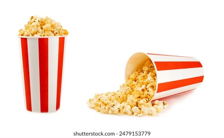 Popcorn box. Red and white striped buckets of popcorn isolated on white background. Cinema and entertainment concept. Movie night with popcorn. Cheesy popcorn. Delicious appetizer, snack.  - Powered by Shutterstock