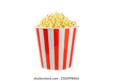 Popcorn box. Red and white striped buckets of salted popcorn isolated on white background. Cinema and entertainment concept. Movie night with popcorn. Delicious appetizer, snack.