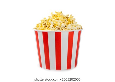 Popcorn box. Red and white striped buckets of salted popcorn isolated on white background. Cinema and entertainment concept. Movie night with popcorn. Delicious appetizer, snack.