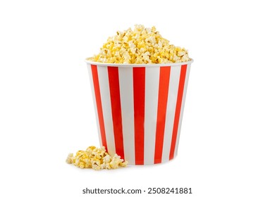 Popcorn box. Red and white striped buckets of salted popcorn isolated on white background. Cinema and entertainment concept. Movie night with popcorn. Delicious appetizer, snack.