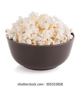 Popcorn In A Brown Bowl On A White Background