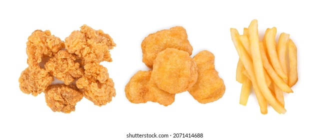 Popcorn Chicken, Nuggets And French Fries Isolated On White Background. Top View