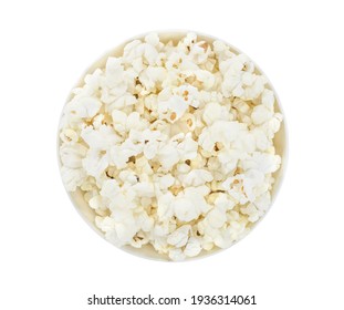 Popcorn Corn Cooked, In A White Bowl, Isolated On White Background With Clipping Path. Top View.