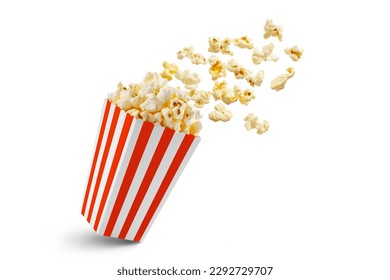 Popcorn flying out of red white striped paper box isolated on white background with copy space. Splash, levitation of popcorn grains.  - Shutterstock ID 2292729707