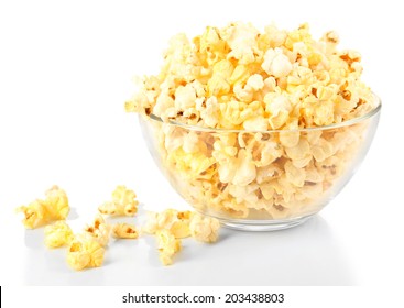 Popcorn In Glass Bowl Isolated On White