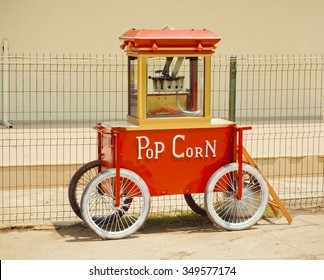 Popcorn Machine Made In Vintage Style, With Sign Pop Corn On It Front