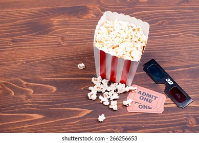 Popcorn On  Table Movie Tickets, 3D Glasses Top View