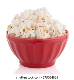 Popcorn In A Red Bowl On A White Background