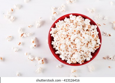 Popcorn In A Red Bowl Top View