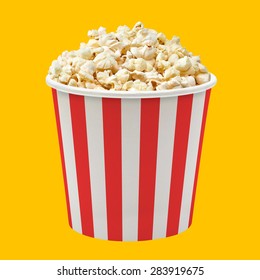 Popcorn in red striped bucket mockup or mock up template isolated on yellow background
