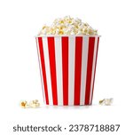 Popcorn in red and white striped bucket isolated on a white background