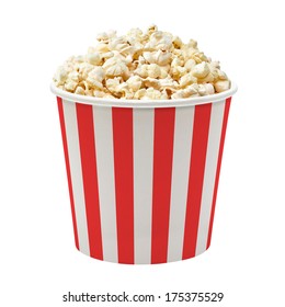 Popcorn in red and white striped cardboard bucket isolated on white background - Shutterstock ID 175375529