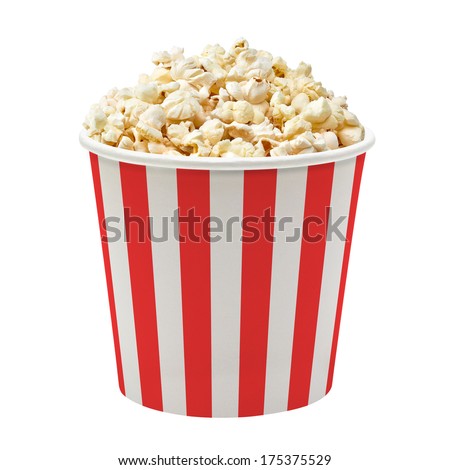 Popcorn in red and white striped cardboard bucket isolated on white background