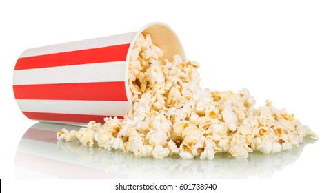 Popcorn was scattered from a large striped box, isolated on white background. - Powered by Shutterstock