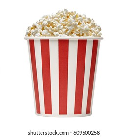 Popcorn in striped bucket on white background

 - Shutterstock ID 609500258