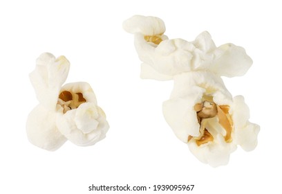 Popcorn, two open corn, isolated on white background with clipping path, element of packaging design. 