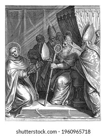 Pope Clement IV, Seated Under A Canopy And Surrounded By Bishops, Hands A Bishop's Miter To Thomas Aquinas.