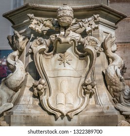 Pope Clement XI Coat Of Arms In The Pantheon Fountain. Rome, Italy.