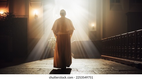 The Pope Walks Gracefully Through the Church, a Symbol Of Faith, Reverence, And Hope. Reminder of The Lord's Power, Beacon Of God's Love, Grace, And Mercy in Christian Faith. Blessing Light Shines