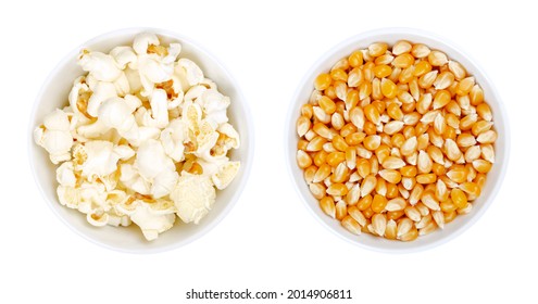 Popped and unpopped popcorn in white bowls. Butterfly shaped popcorn, puffed up from heated kernels, and orange seeds of a special type of corn, used to make popcorn. Isolated from above, macro photo.