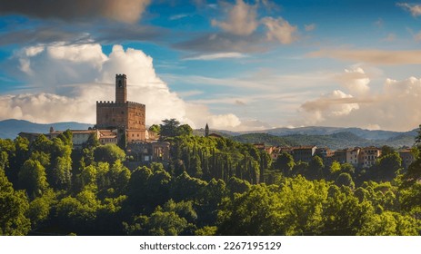 Poppi medieval village and castle view at sunset. Casentino, Arezzo province, Tuscany region, Italy, Europe.