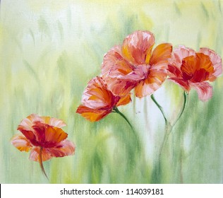 Poppies in the morning,  oil painting on canvas - Shutterstock ID 114039181