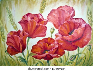 Poppies in the morning,  oil painting on canvas - Shutterstock ID 114039184