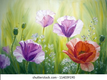 Poppies in the morning,  oil painting on canvas - Shutterstock ID 114039190