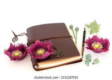 Poppy herb flowers, seed pods and old leather notebook. Used in natural herbal plant medicine and cooking. On white background.