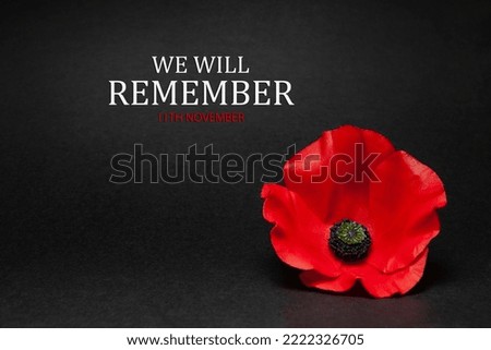 Poppy pin for Remembrance Day. Poppy flower on black background. We Will Remember.