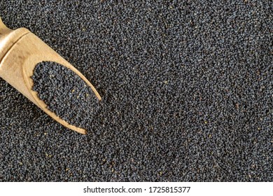 Poppy seeds. Dark pile poppyseed food in wooden scoop or spoon isolated on black stone background. Vitamin snack breakfast, diet and healthy eating concept.
