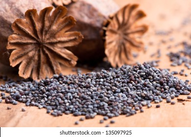 Poppy seeds and poppy heads on a wooden tabl