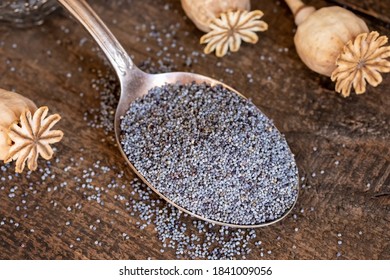 Poppy seeds on a metal spoon on a table