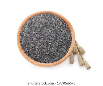 Poppy seeds in wooden bowl isolated on white, top view