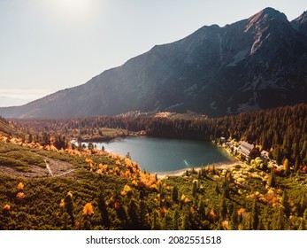 Poprad lake, Popradske pleso very popular hiking destination in High Tatras national park. Slovakia landscape. Autumn colors in sunny day 