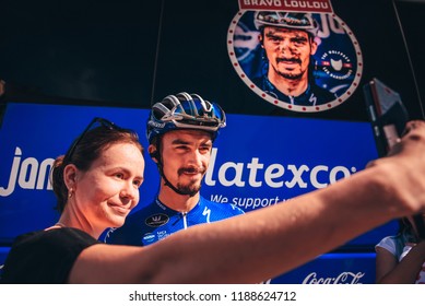 POPRAD, SLOVAKIA, SEPTEMBER 12, 2018:  French Professional Cyclist Julian Alaphilippe Take Photo With Fans