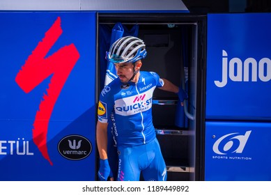 POPRAD, SLOVAKIA, SEPTEMBER 12, 2018:  French Professional Cyclist Julian Alaphilippe In Team Bus Of Quick-Step