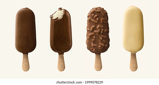 Popsicle - Coated with chocolate, white chocolate, peanut chocolate. High quality. - Shutterstock ID 1999078229