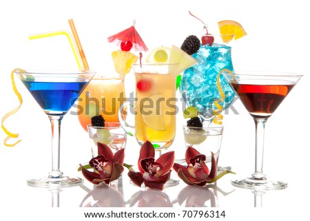 Popular alcoholic cocktails composition. Many cocktail drinks Blue hawaiian, mai tai, tropical  Martini, tequila sunrise, margarita, decorated orchids, cherry, lime, lemon, straw on a white background