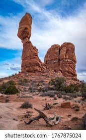 Popular Balanced Rock Sandstone Tower Seen Along Arches Scenic Drive Near The Windows Section Of Arches National Park, Moab, Utah