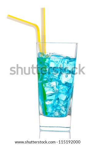 Popular Blue Hawaiian cocktail with alcohol vodka, blue curacao, white cranberry juice and yellow straw in highball cocktails glass isolated on a white background