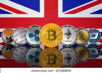 Popular cryptocurrency coins on the background of the flag of United Kingdom (UK). Bitcoin (BTC), Litecoin (LTC), Ethereum (ETH), Monero (XMR), Zcash (ZEC), Ripple (XRP), Digitalcash (DASH) 
