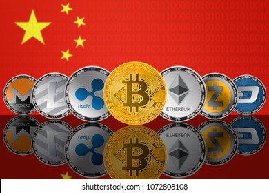 Popular cryptocurrency coins on the background of the flag of CHINA. Bitcoin (BTC), Litecoin (LTC), Ethereum (ETH), Monero (XMR), Zcash (ZEC), Ripple (XRP), DASH