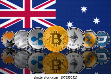 Popular cryptocurrency coins on the background of the flag of Australia. Bitcoin (BTC), Litecoin (LTC), Ethereum (ETH), Monero (XMR), Zcash (ZEC), Ripple (XRP), DASH