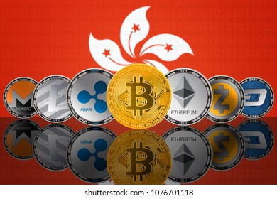 Popular cryptocurrency coins on the background of the flag of Hong Kong. Bitcoin (BTC), Litecoin (LTC), Ethereum (ETH), Monero (XMR), Zcash (ZEC), Ripple (XRP), DASH