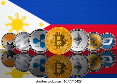 Popular cryptocurrency coins on the background of the flag of Philippines. Bitcoin (BTC), Litecoin (LTC), Ethereum (ETH), Monero (XMR), Zcash (ZEC), Ripple (XRP), DASH