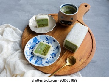 Popular And Famous Japanese Dessert. Matcha Mochi Roll With Matcha Drink. Excellent For Tea Break, Friends And Family Gatherings.