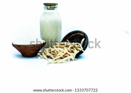 Popular Indian & Asian ayurvedic herb isolated on white in a clay bowl i.e. Musli or safed musli or Chlorophytum borivilianum with its powder in a clay bowl and raw milk in a transparent glass bottle. Stock photo © 